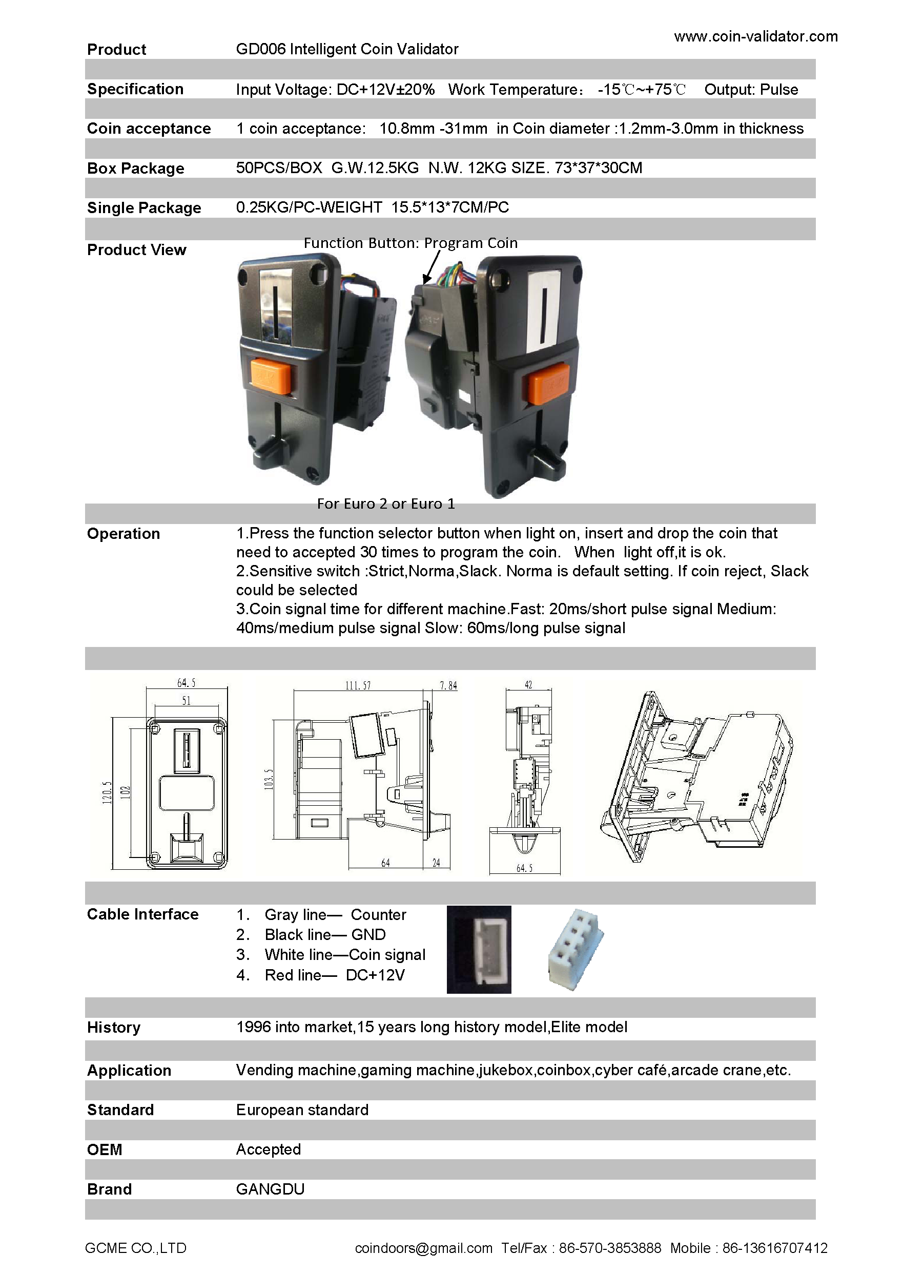 Euro coin validator Acceptor slot selector