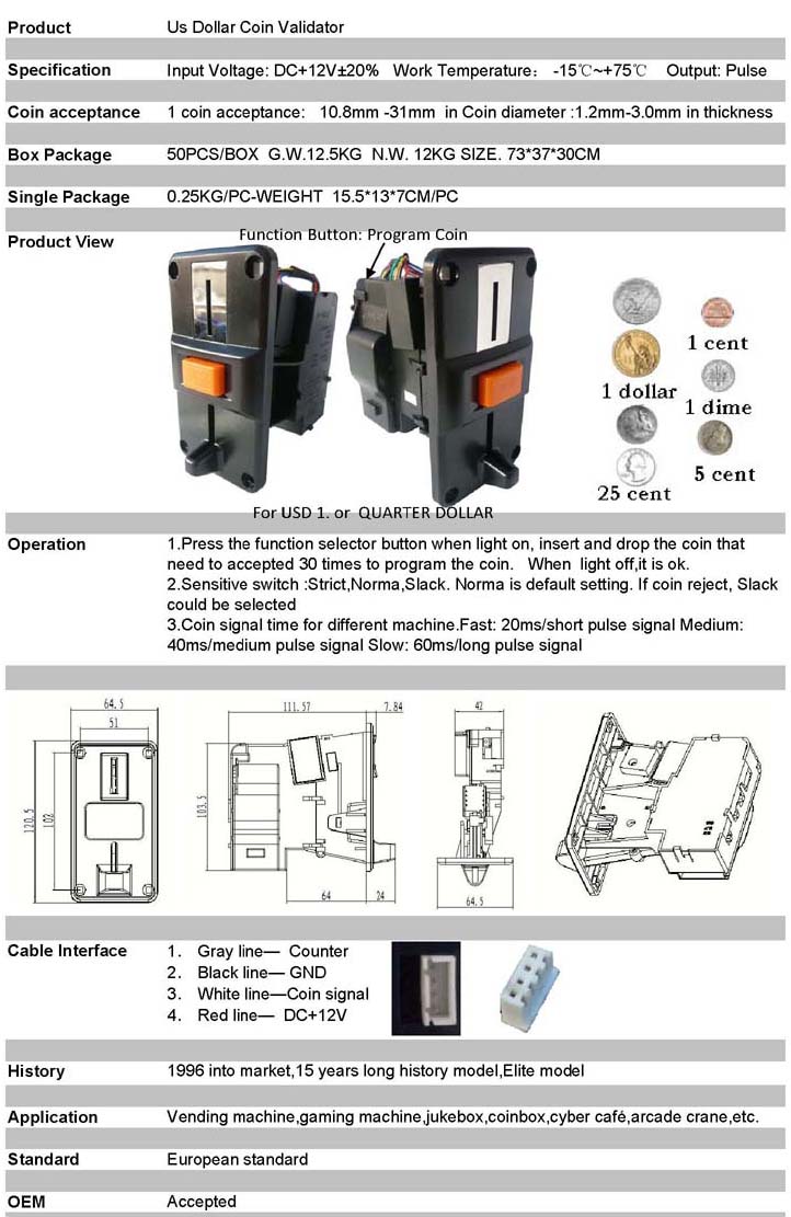 American Dollars coin selector validator acceptor for scale weight crane vending machine