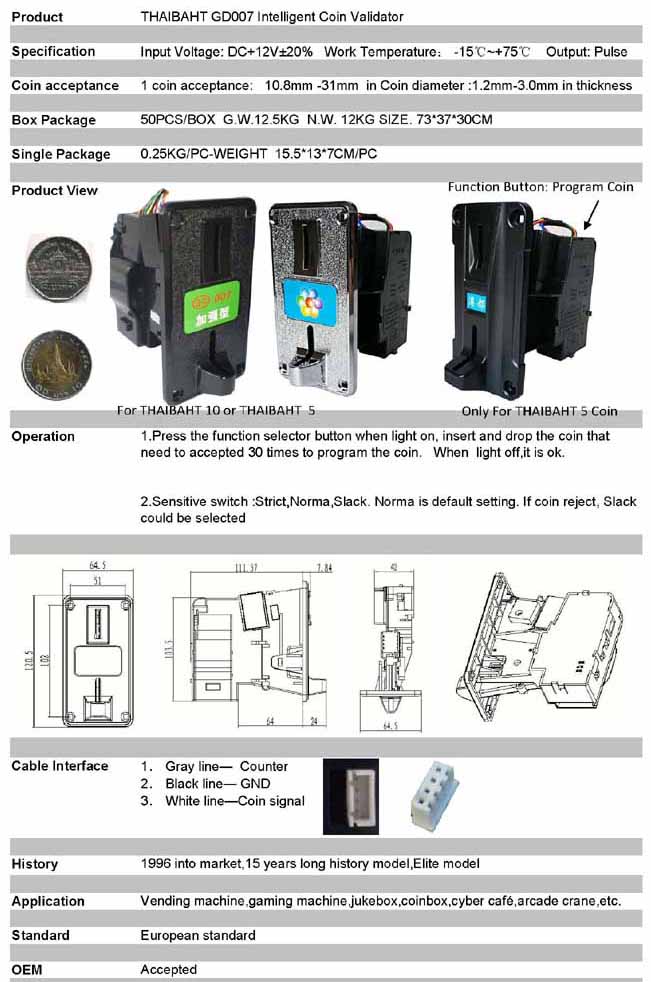 Thai Baht only coin validator Acceptor slot selector