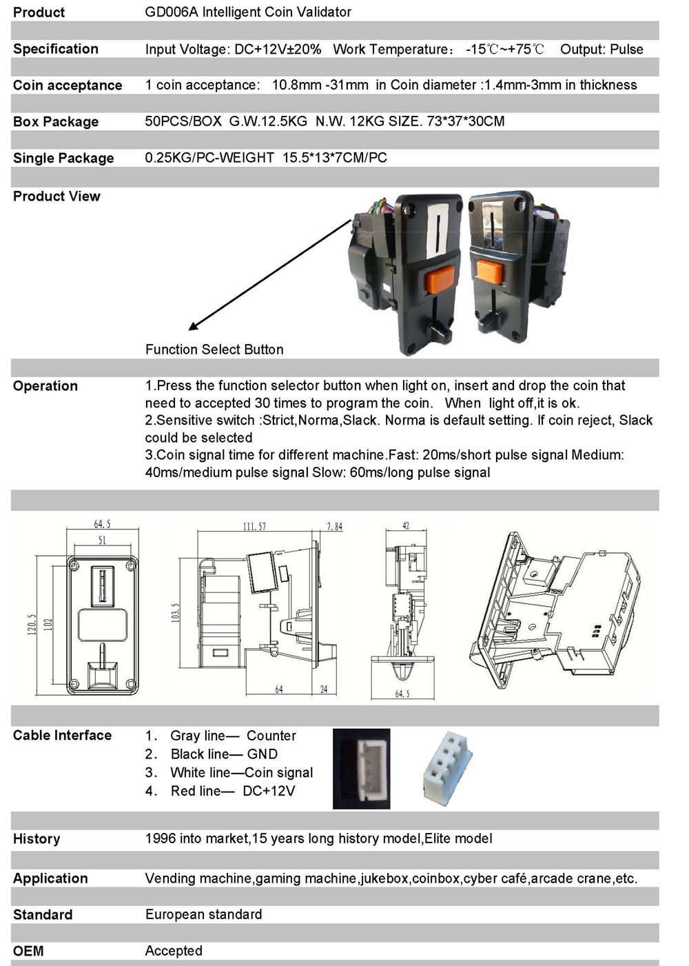 GD006-A Intelligent single  coin acceptor manufacturer,coin selector validators